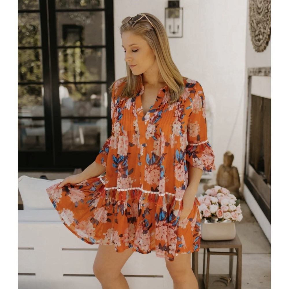 TAJ by Sabrina Crippa Orange Floral Sz L Mini Dress Tunic Ruffle Resort Tropical